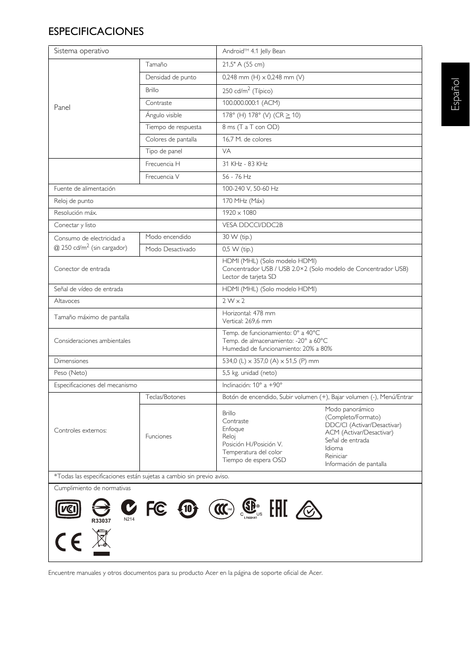 Españ ol especificaciones | Acer DA223HQL User Manual | Page 17 / 40