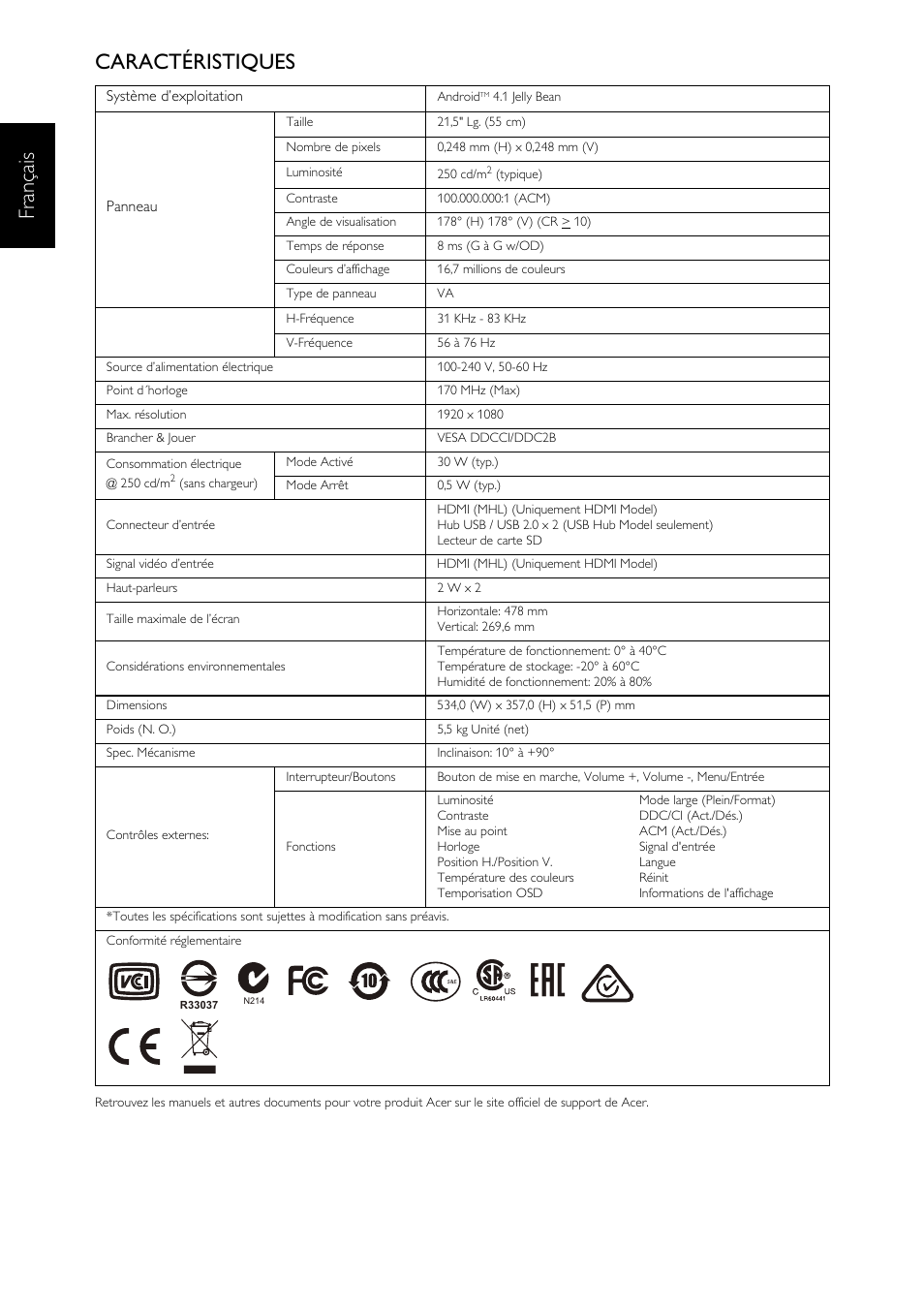 França is caractéristiques | Acer DA223HQL User Manual | Page 24 / 40