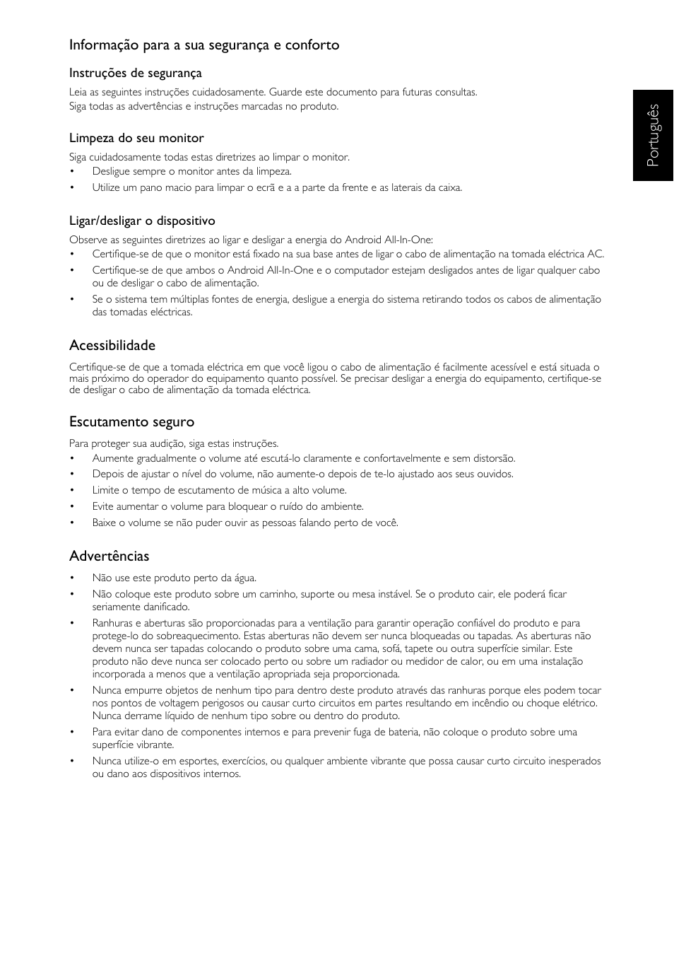 Português, Informação para a sua segurança e conforto, Acessibilidade | Escutamento seguro, Advertências | Acer DA223HQL User Manual | Page 29 / 40