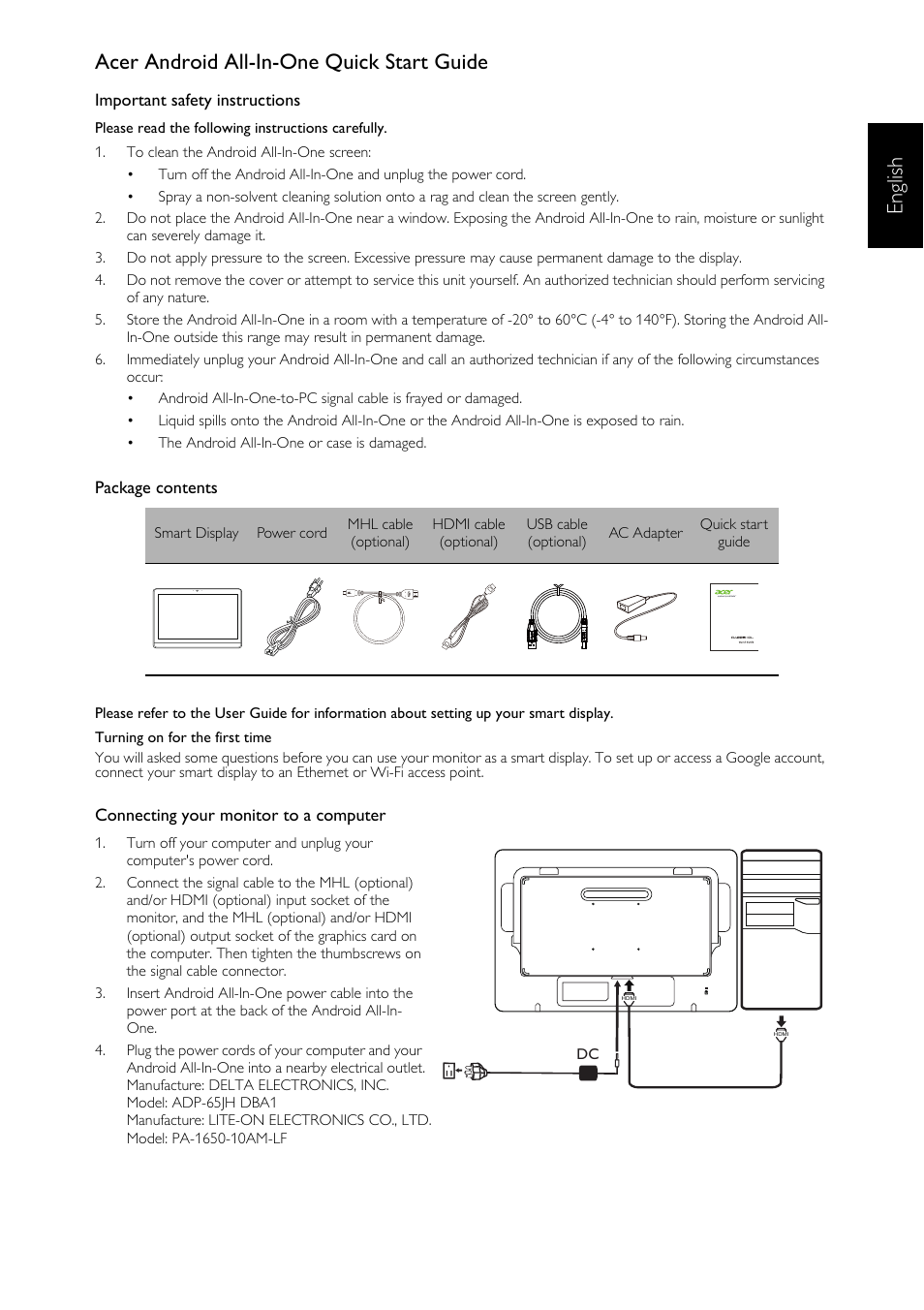 En glish acer android all-in-one quick start guide | Acer DA223HQL User Manual | Page 3 / 40