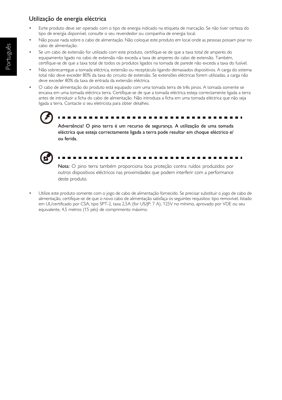 Português, Utilização de energia eléctrica | Acer DA223HQL User Manual | Page 30 / 40