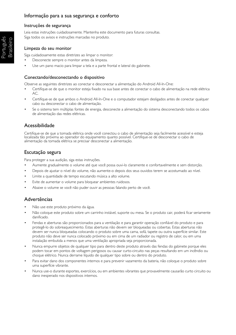 Português brasil ei ro, Informação para a sua segurança e conforto, Acessibilidade | Escutação segura, Advertências | Acer DA223HQL User Manual | Page 36 / 40