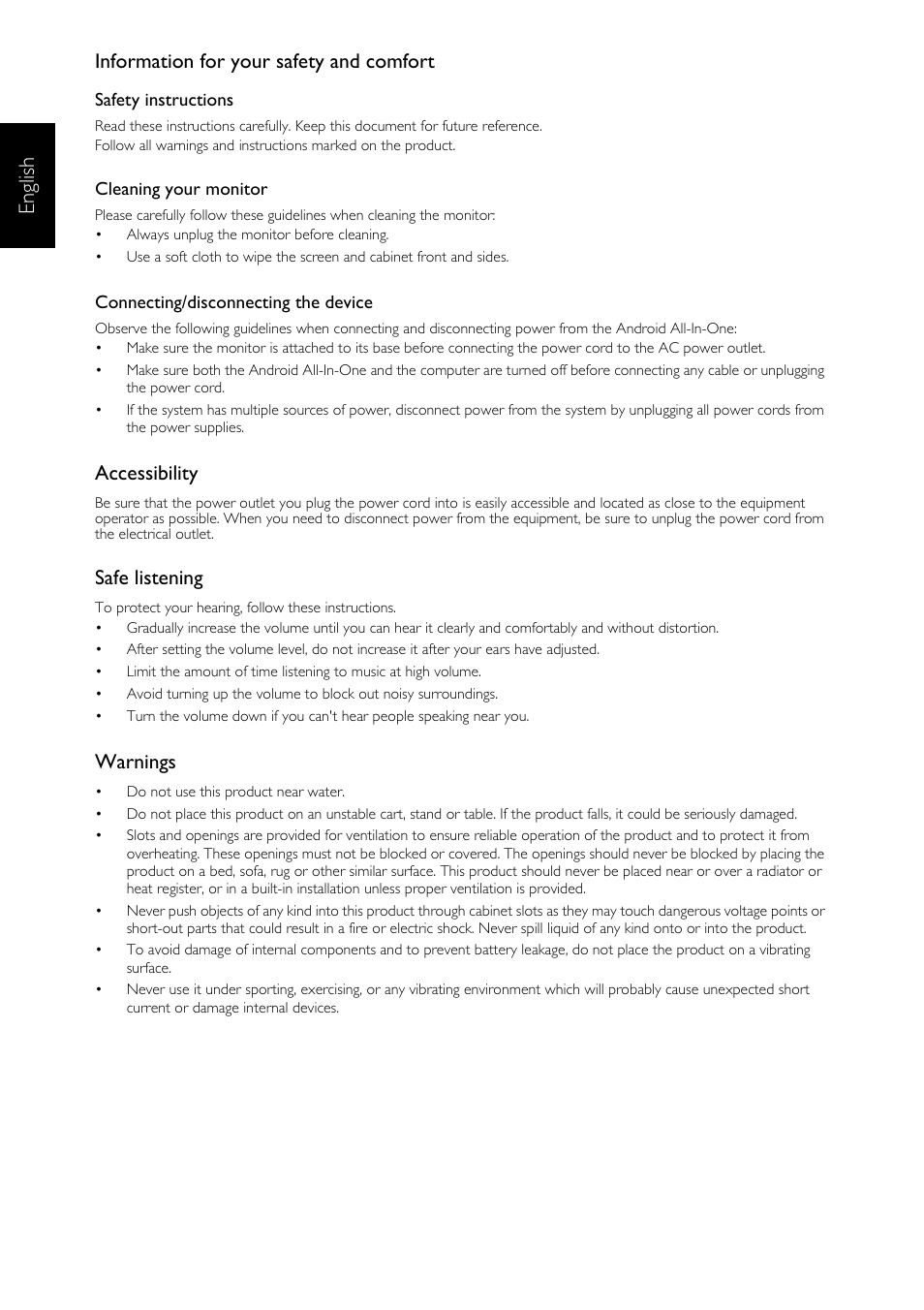 En glish, Information for your safety and comfort, Accessibility | Safe listening, Warnings | Acer DA223HQL User Manual | Page 8 / 40
