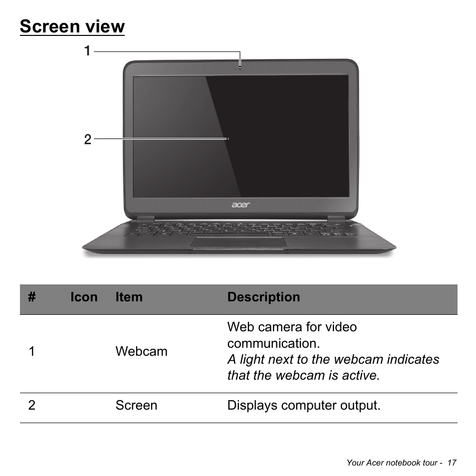 Screen view | Acer Aspire S5-391 User Manual | Page 17 / 111