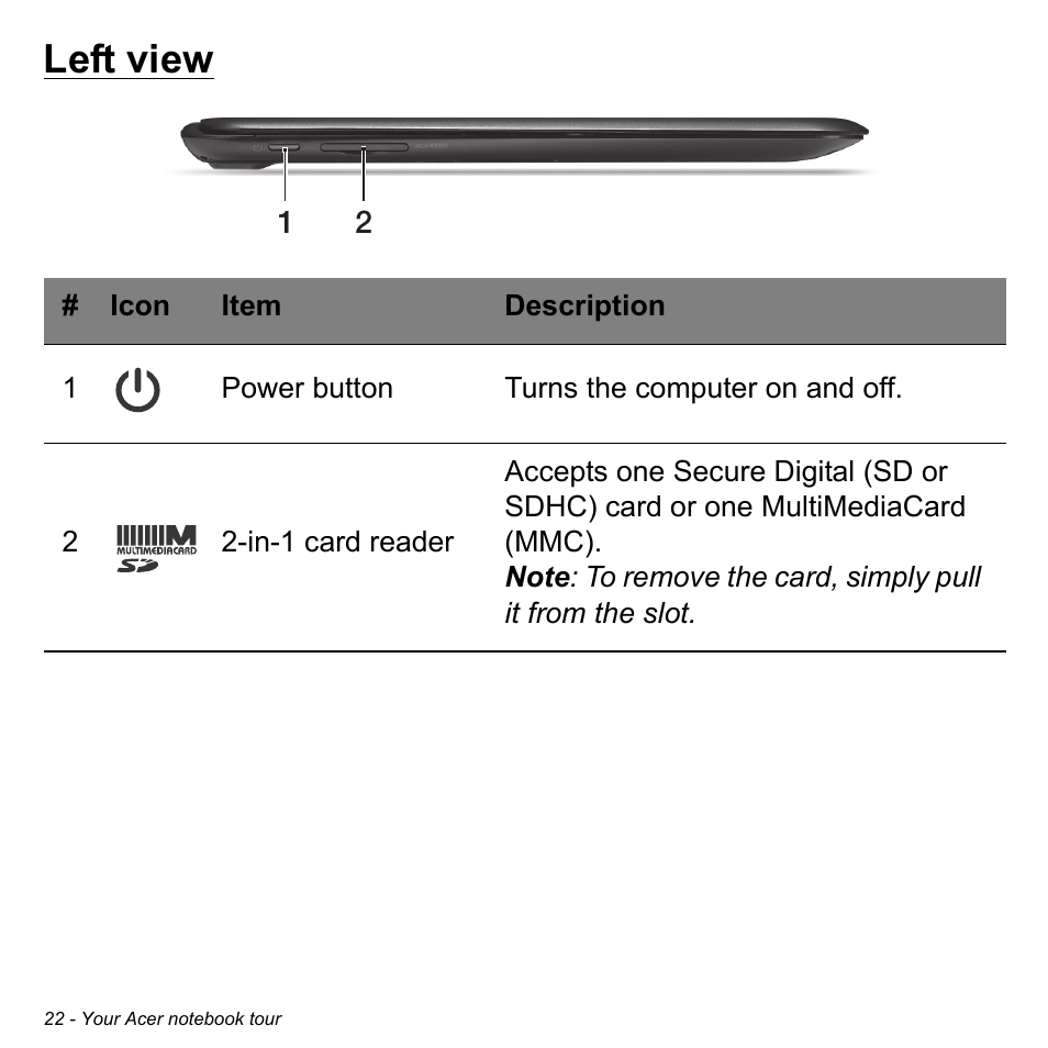 Left view | Acer Aspire S5-391 User Manual | Page 22 / 111