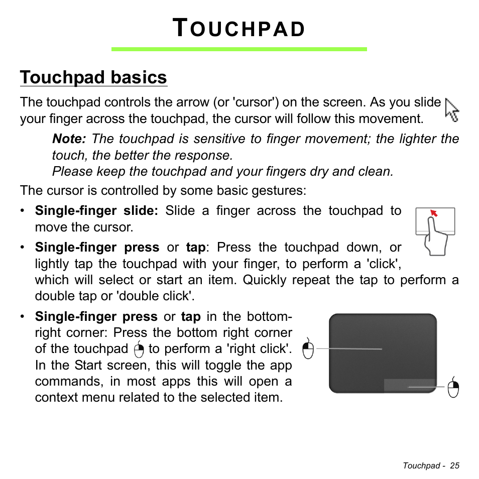 Touchpad, Touchpad basics, Ouchpad | Acer Aspire S5-391 User Manual | Page 25 / 111