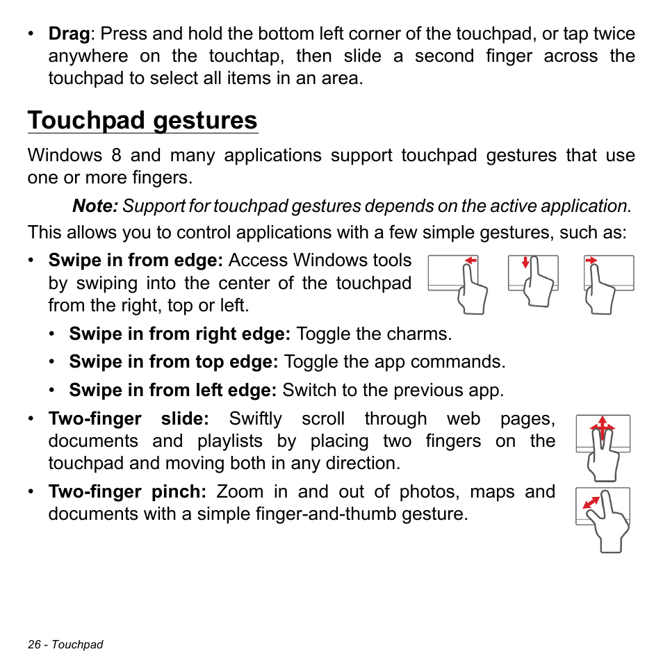 Touchpad gestures | Acer Aspire S5-391 User Manual | Page 26 / 111