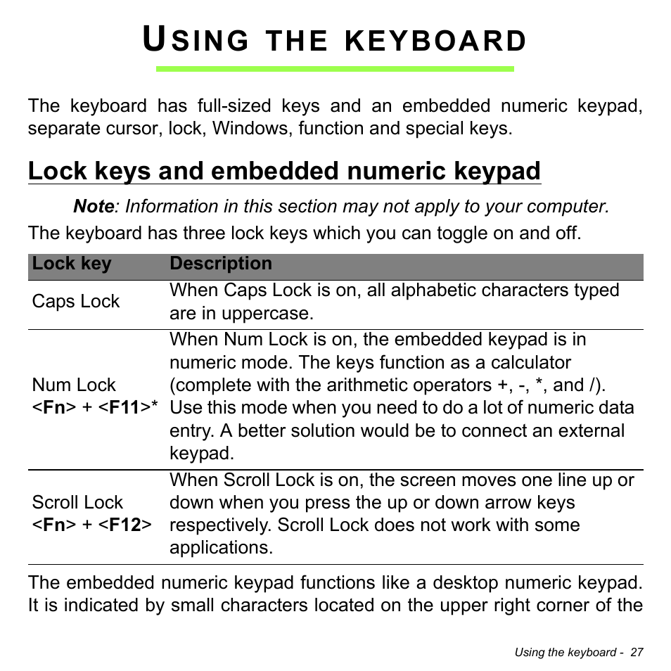 Using the keyboard, Lock keys and embedded numeric keypad, Sing | Keyboard | Acer Aspire S5-391 User Manual | Page 27 / 111