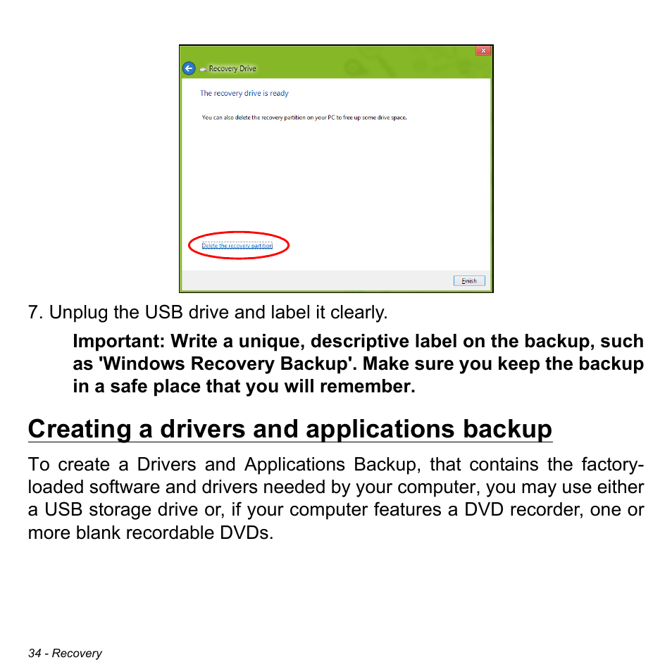 Creating a drivers and applications backup | Acer Aspire S5-391 User Manual | Page 34 / 111