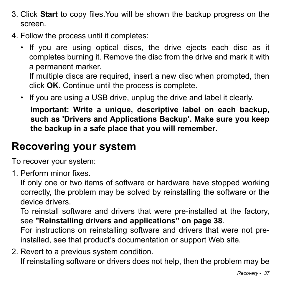 Recovering your system | Acer Aspire S5-391 User Manual | Page 37 / 111