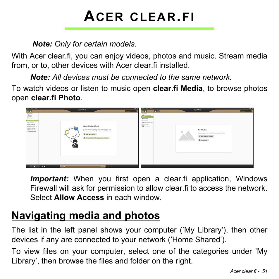 Acer clear.fi, Navigating media and photos, Clear | Acer Aspire S5-391 User Manual | Page 51 / 111