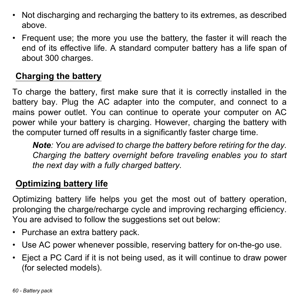 Charging the battery, Optimizing battery life, Charging the battery optimizing battery life | Acer Aspire S5-391 User Manual | Page 60 / 111