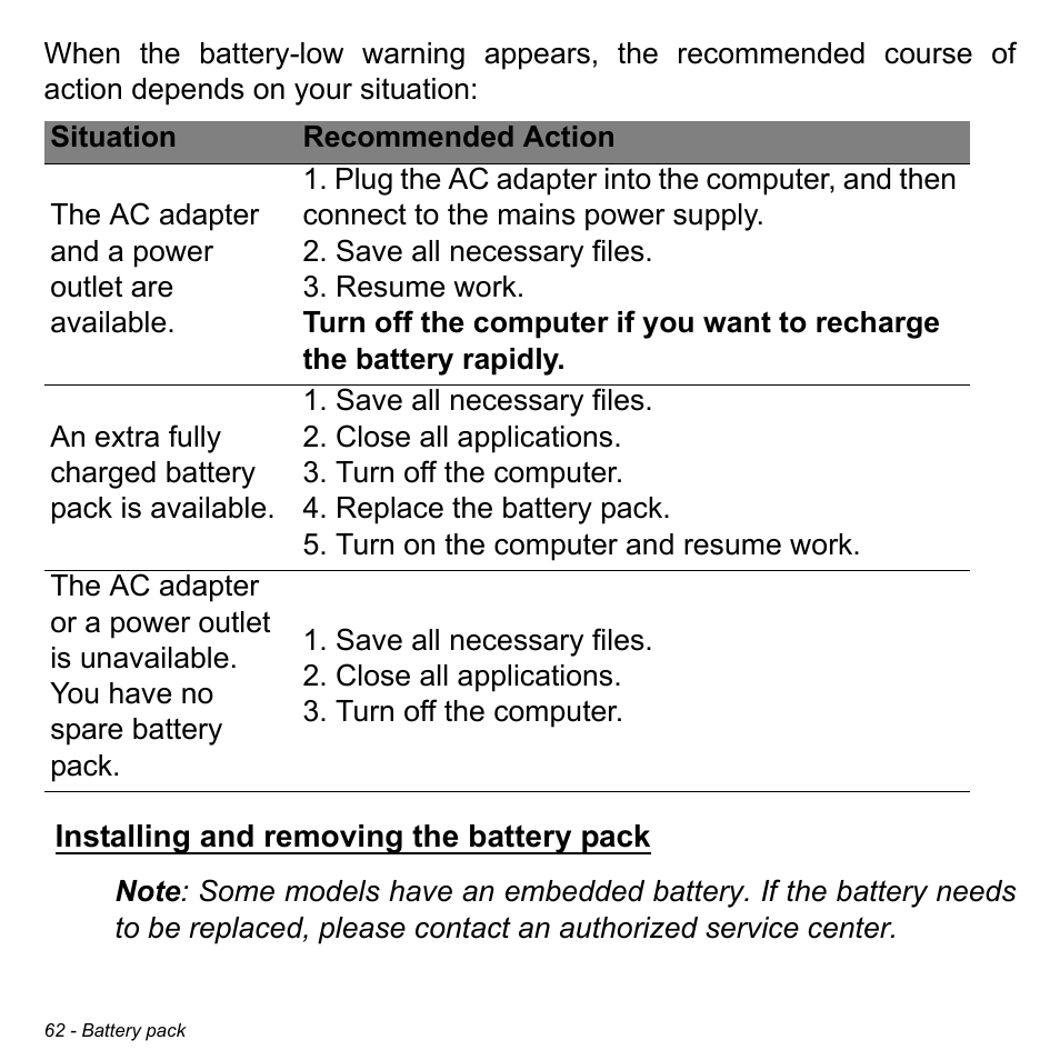 Installing and removing the battery pack | Acer Aspire S5-391 User Manual | Page 62 / 111