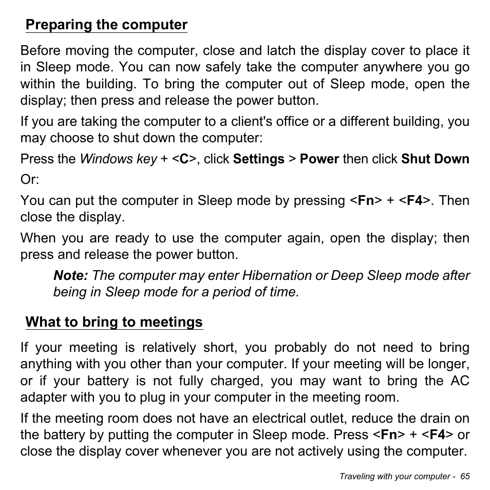 Preparing the computer, What to bring to meetings, Preparing the computer what to bring to meetings | Acer Aspire S5-391 User Manual | Page 65 / 111