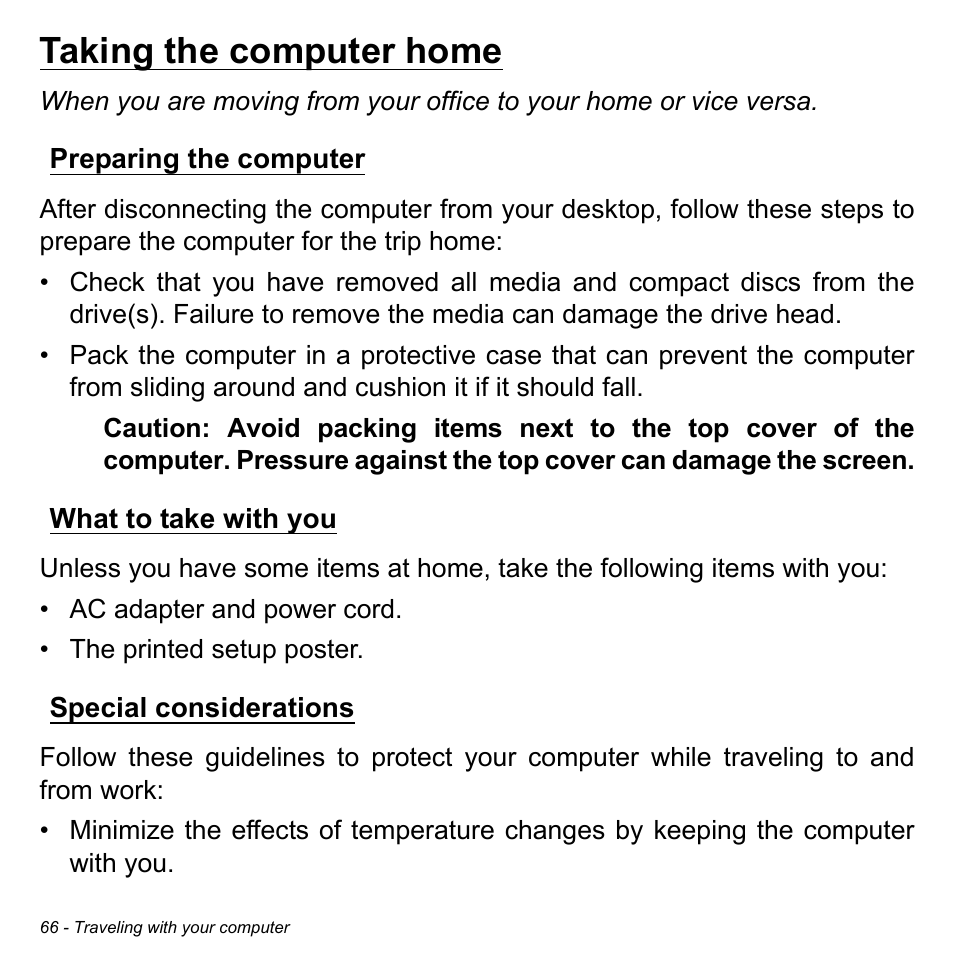 Taking the computer home, Preparing the computer, What to take with you | Special considerations | Acer Aspire S5-391 User Manual | Page 66 / 111