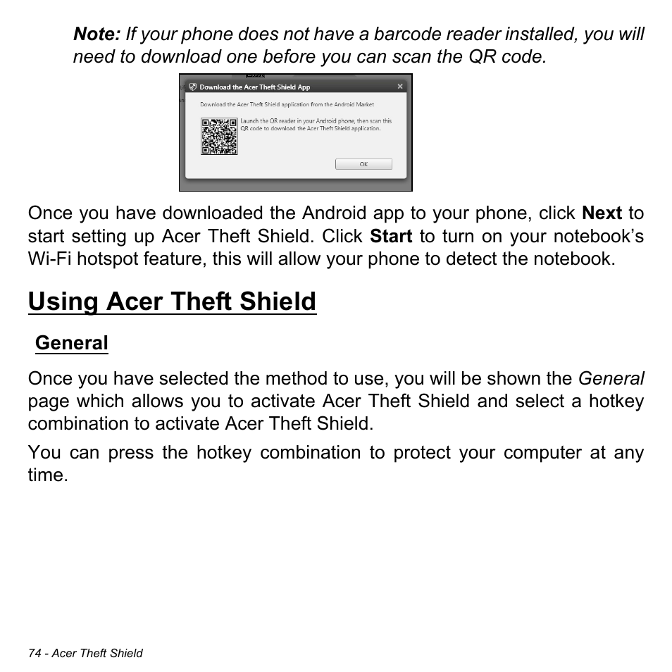 Using acer theft shield, General | Acer Aspire S5-391 User Manual | Page 74 / 111