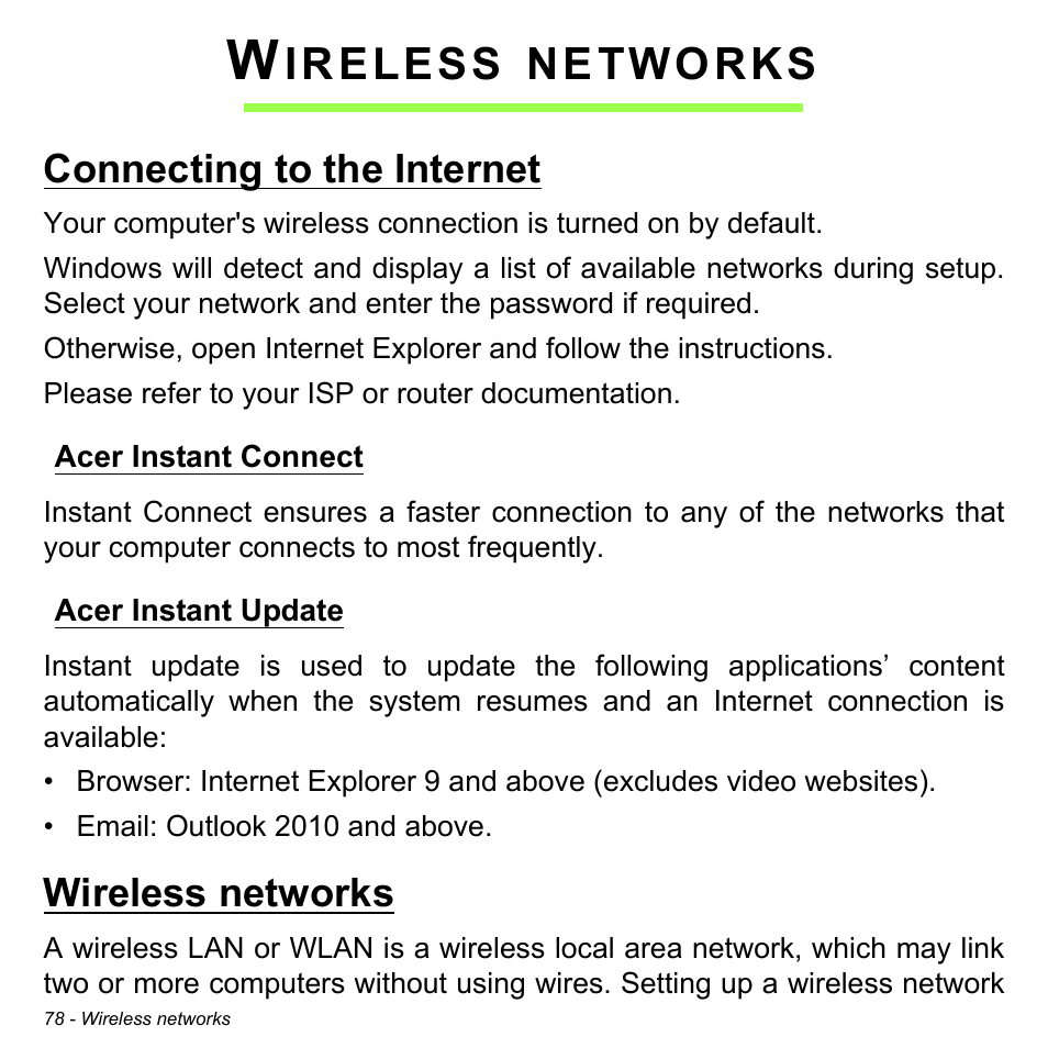 Wireless networks, Connecting to the internet, Acer instant connect | Acer instant update, Acer instant connect acer instant update, Ireless, Networks | Acer Aspire S5-391 User Manual | Page 78 / 111