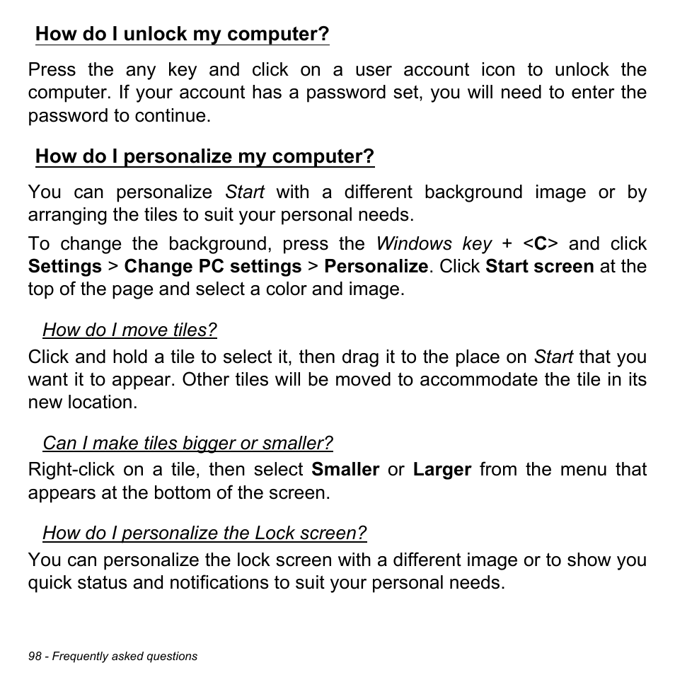 How do i unlock my computer, How do i personalize my computer | Acer Aspire S5-391 User Manual | Page 98 / 111