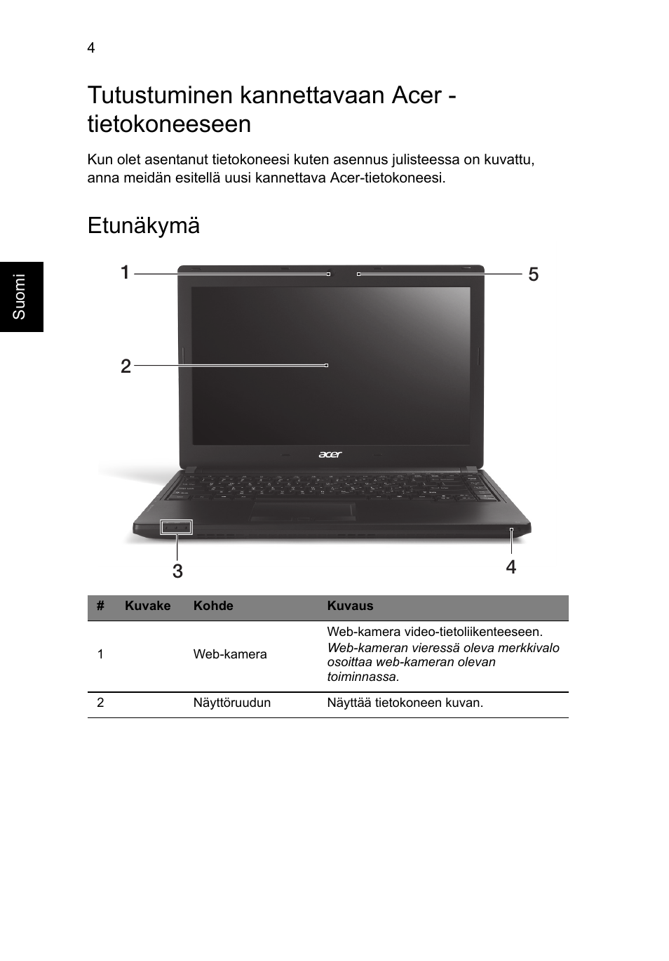 Tutustuminen kannettavaan acer - tietokoneeseen, Etunäkymä | Acer TravelMate P633-V User Manual | Page 130 / 357