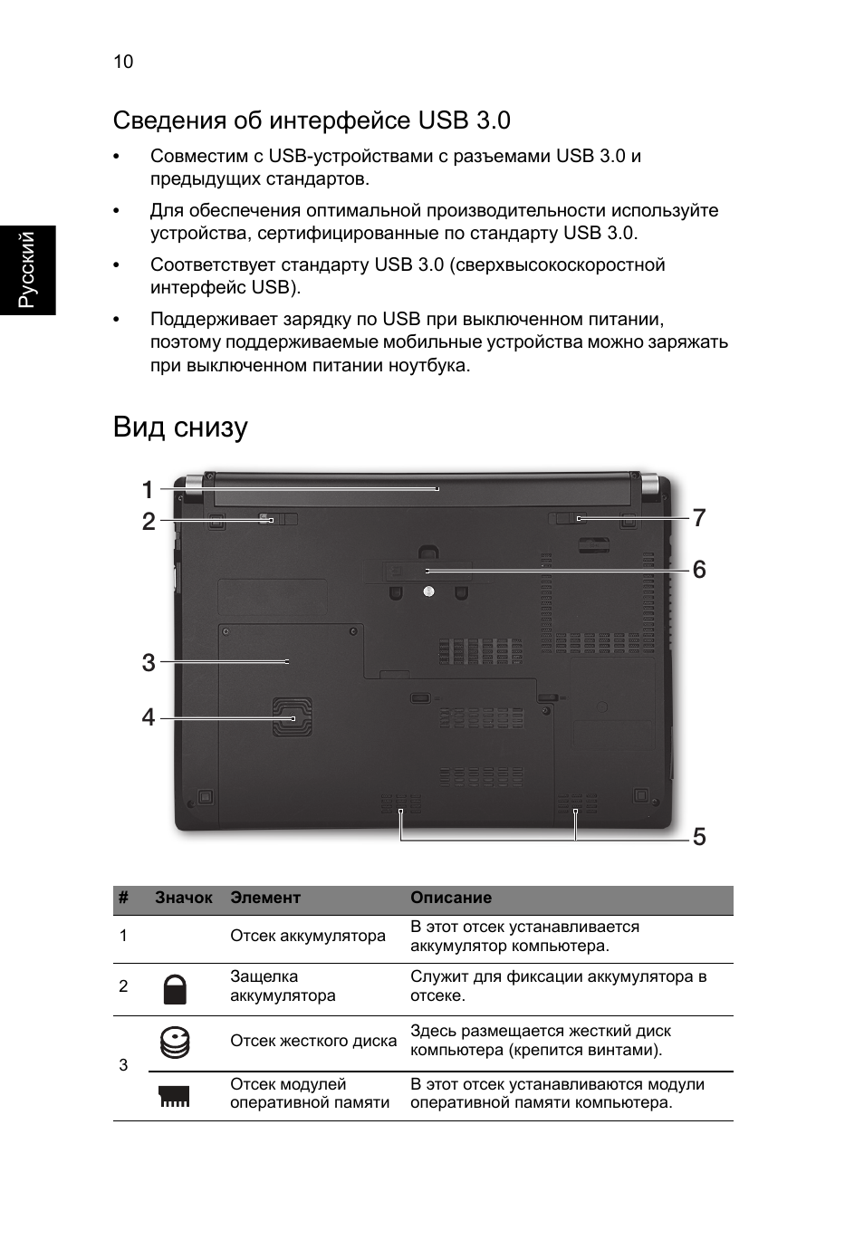 Вид снизу, Сведения об интерфейсе usb 3.0 | Acer TravelMate P633-V User Manual | Page 148 / 357