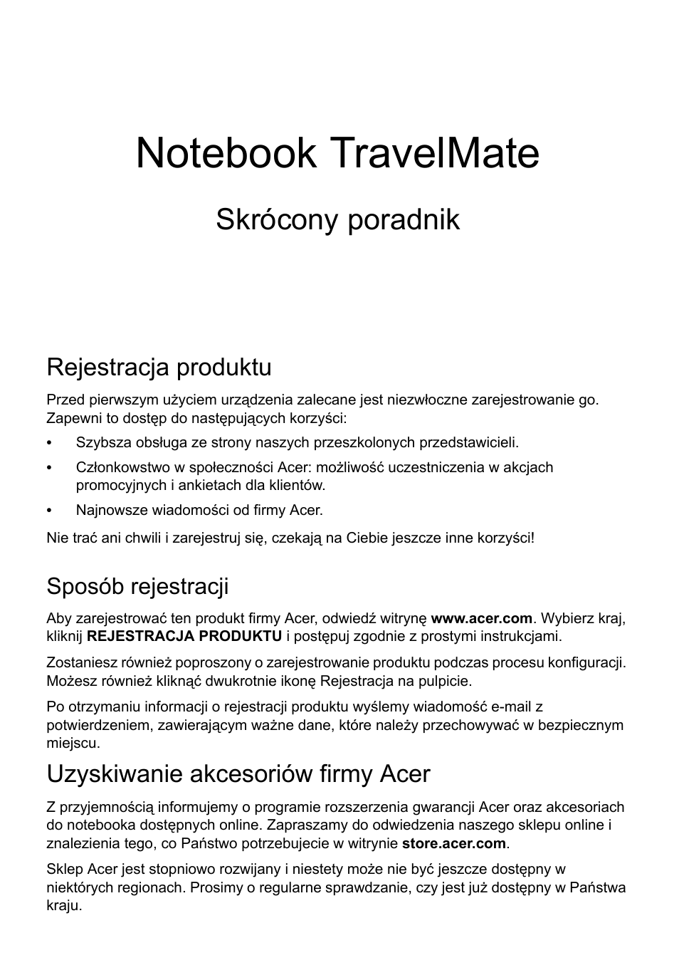 Polski, Rejestracja produktu, Sposób rejestracji | Uzyskiwanie akcesoriów firmy acer, Skrócony poradnik | Acer TravelMate P633-V User Manual | Page 151 / 357