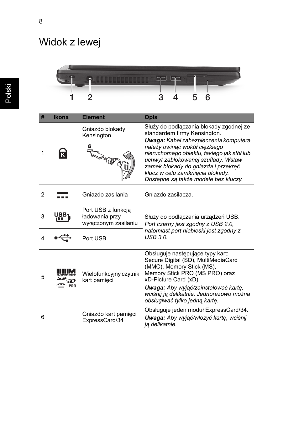 Widok z lewej | Acer TravelMate P633-V User Manual | Page 158 / 357