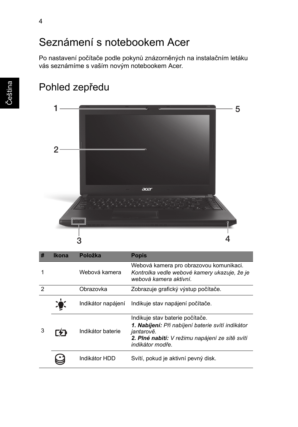 Seznámení s notebookem acer, Pohled zepředu | Acer TravelMate P633-V User Manual | Page 178 / 357