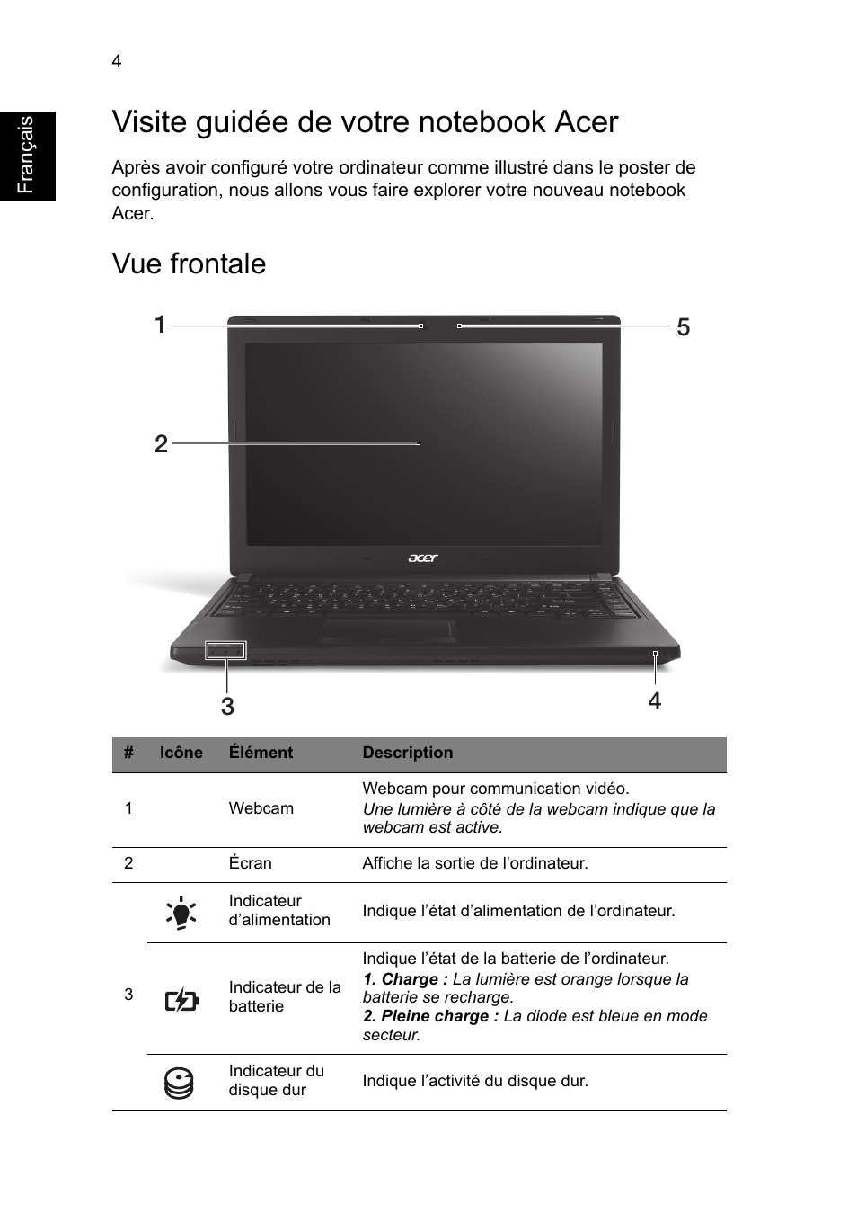 Visite guidée de votre notebook acer, Vue frontale | Acer TravelMate P633-V User Manual | Page 18 / 357