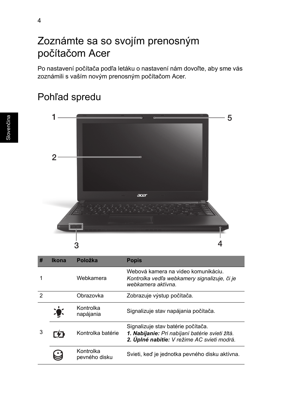 Zoznámte sa so svojím prenosným počítačom acer, Pohľad spredu | Acer TravelMate P633-V User Manual | Page 190 / 357