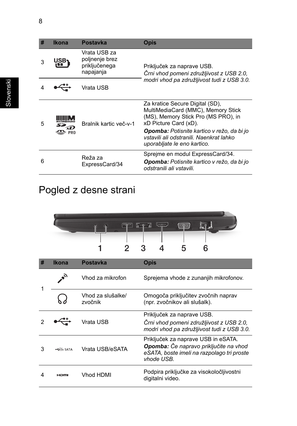 Pogled z desne strani | Acer TravelMate P633-V User Manual | Page 206 / 357