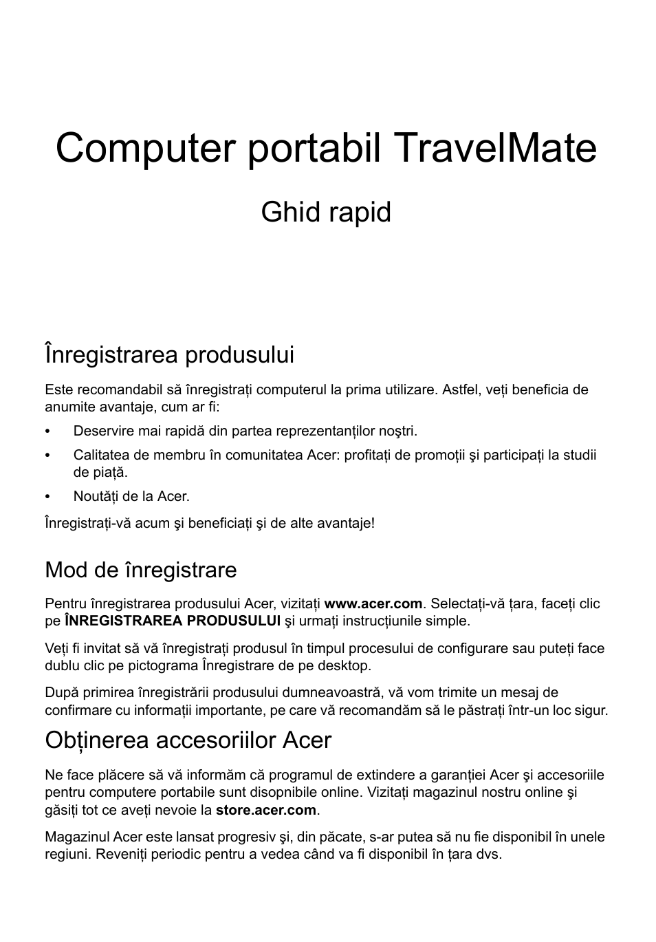 Română, Înregistrarea produsului, Mod de înregistrare | Obţinerea accesoriilor acer, Computer portabil travelmate, Ghid rapid | Acer TravelMate P633-V User Manual | Page 221 / 357