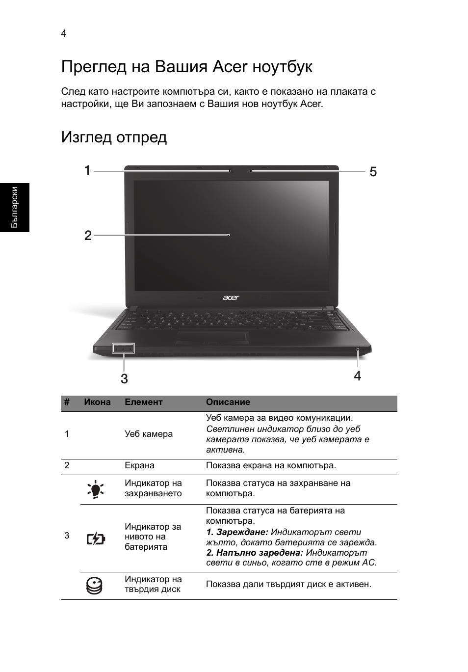 Преглед на вашия acer ноутбук, Изглед отпред | Acer TravelMate P633-V User Manual | Page 236 / 357