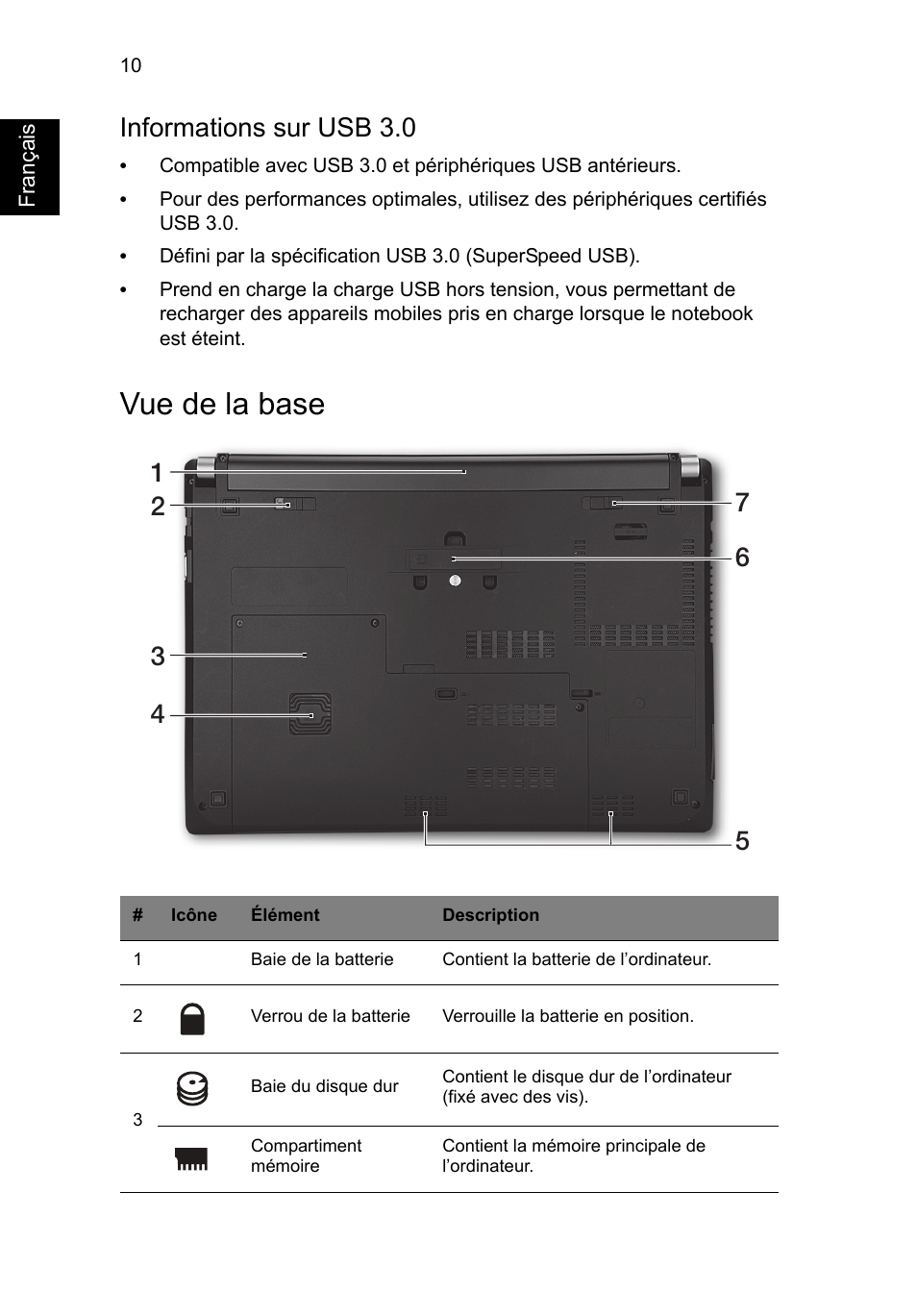 Vue de la base, Informations sur usb 3.0 | Acer TravelMate P633-V User Manual | Page 24 / 357