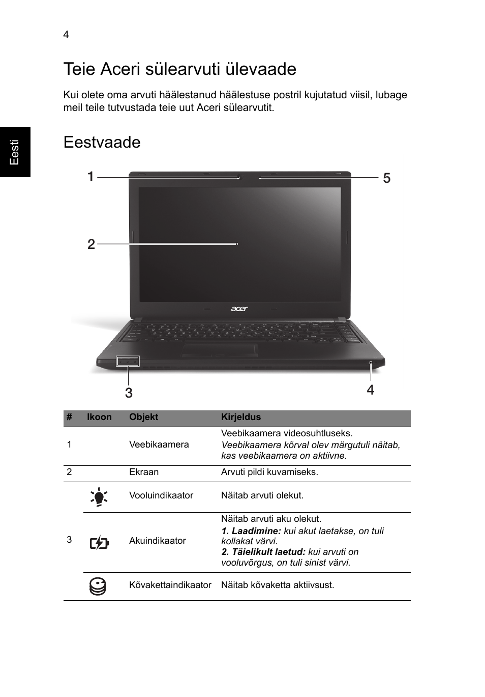 Teie aceri sülearvuti ülevaade, Eestvaade | Acer TravelMate P633-V User Manual | Page 248 / 357