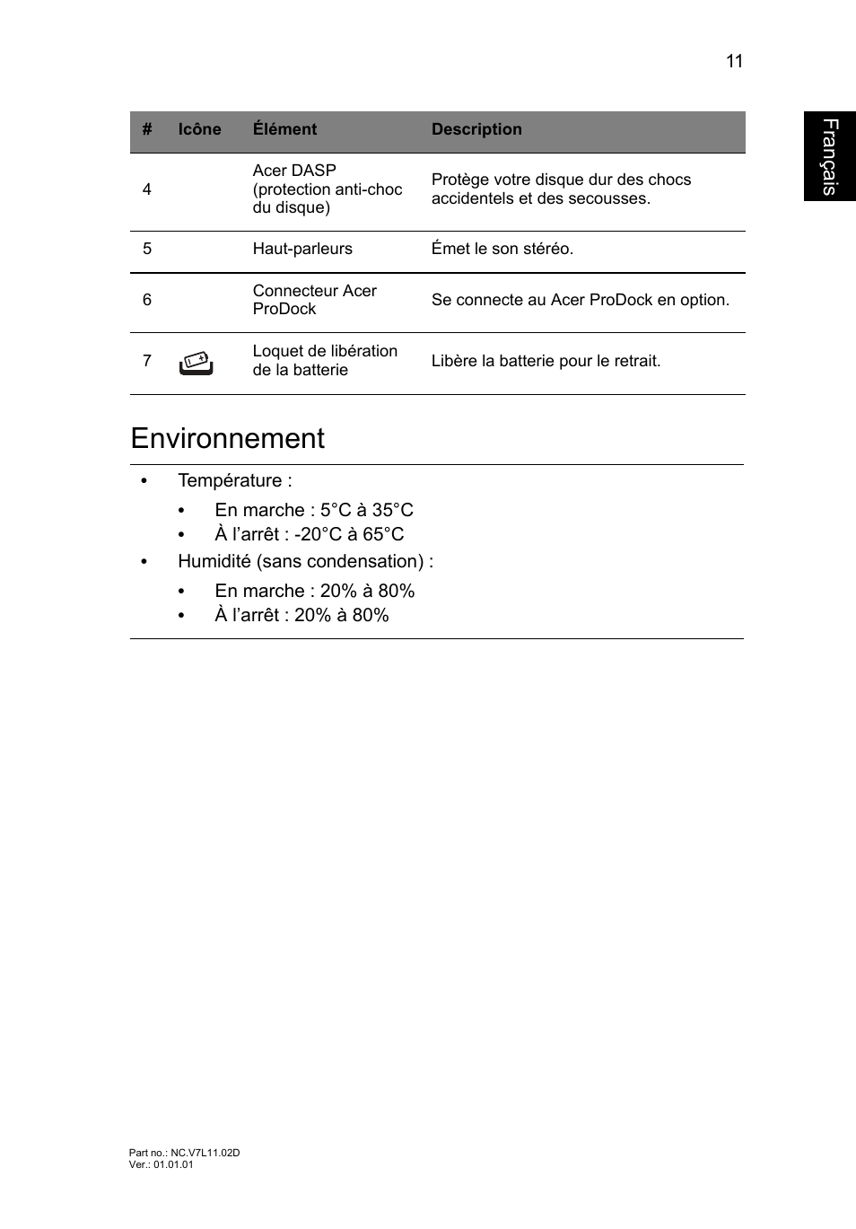 Environnement, Français | Acer TravelMate P633-V User Manual | Page 25 / 357