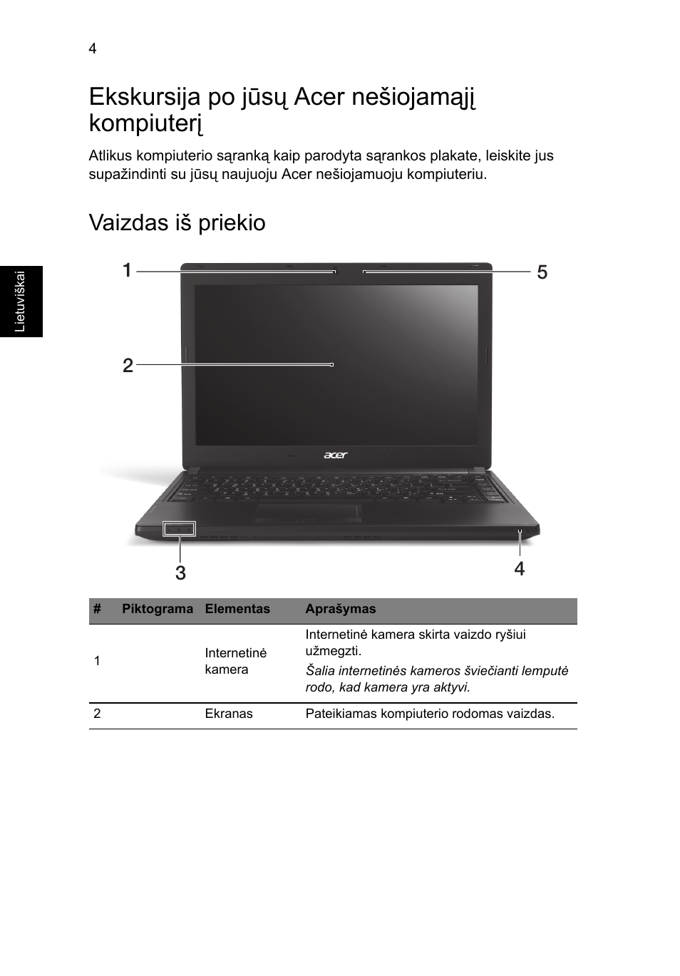 Ekskursija po jūsų acer nešiojamąjį kompiuterį, Vaizdas iš priekio | Acer TravelMate P633-V User Manual | Page 272 / 357