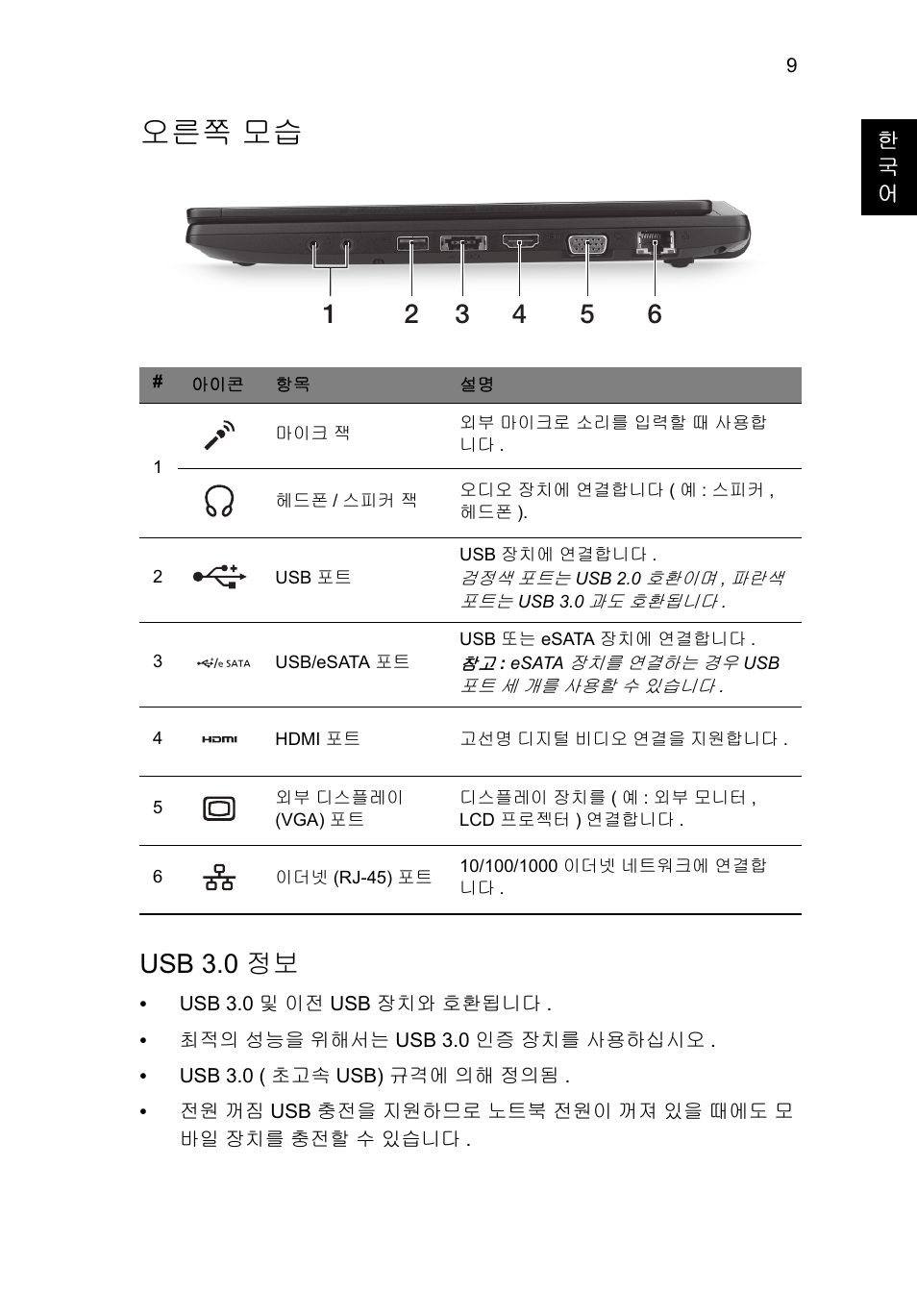 오른쪽 모습, Usb 3.0 정보 | Acer TravelMate P633-V User Manual | Page 313 / 357