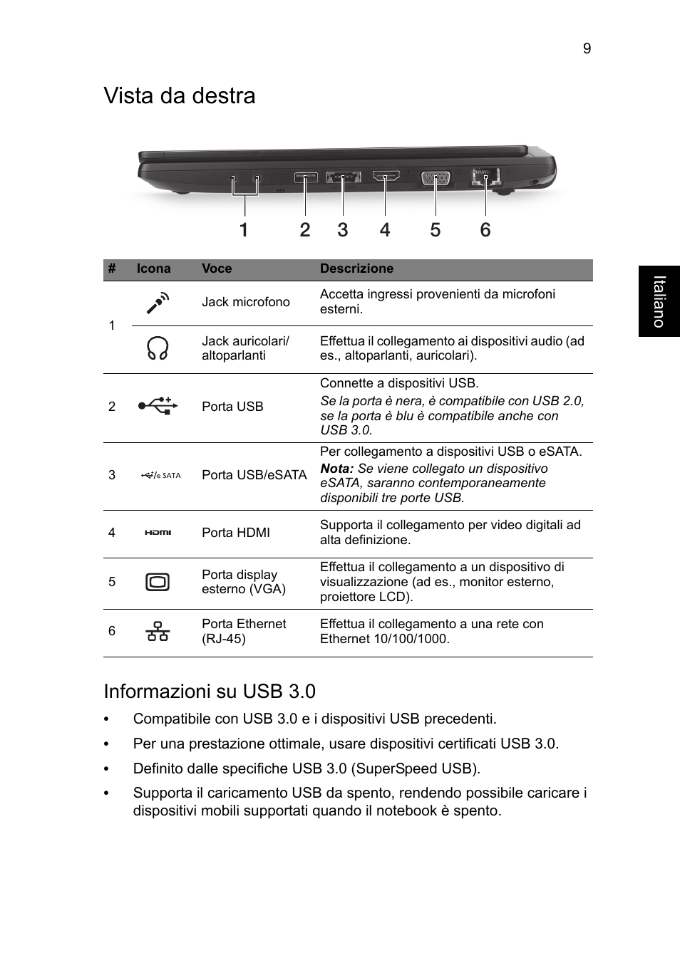 Vista da destra, Informazioni su usb 3.0 | Acer TravelMate P633-V User Manual | Page 47 / 357