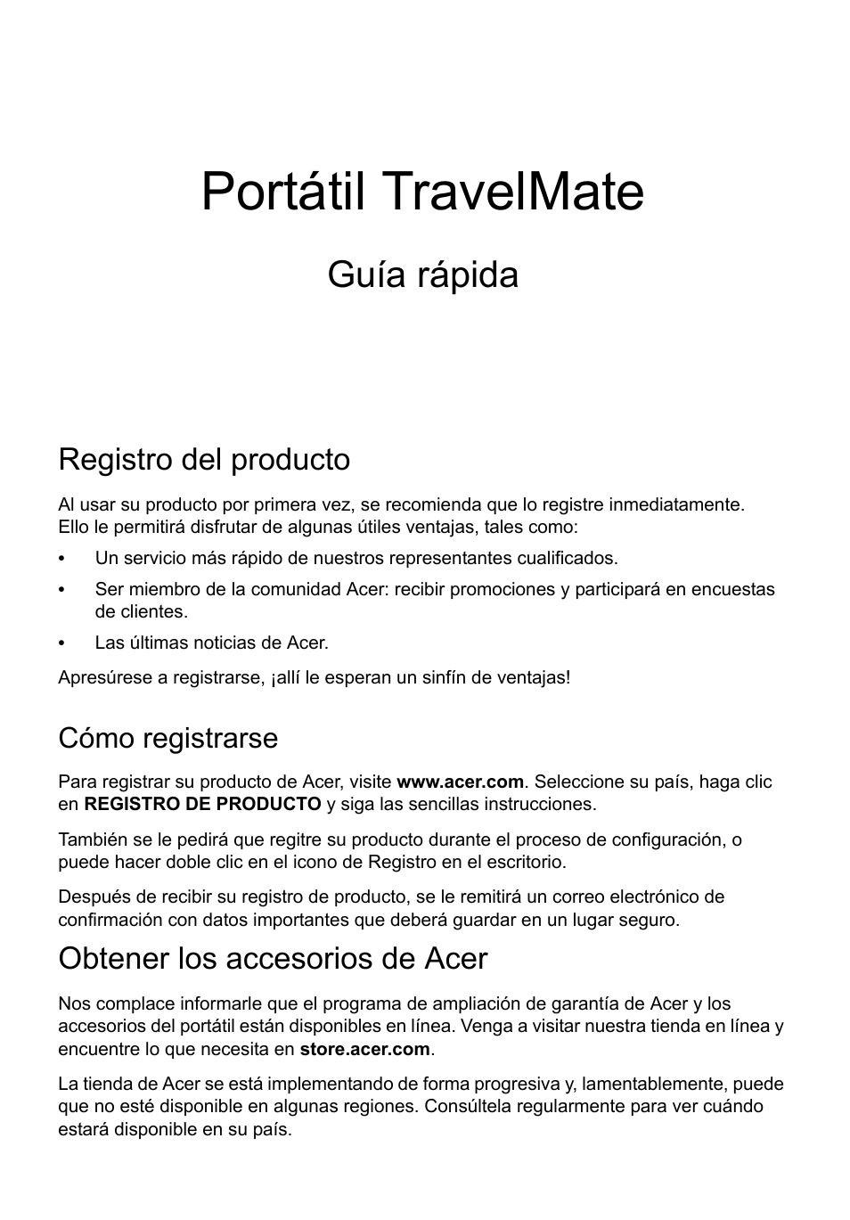 Español, Registro del producto, Cómo registrarse | Obtener los accesorios de acer, Portátil travelmate, Guía rápida | Acer TravelMate P633-V User Manual | Page 51 / 357