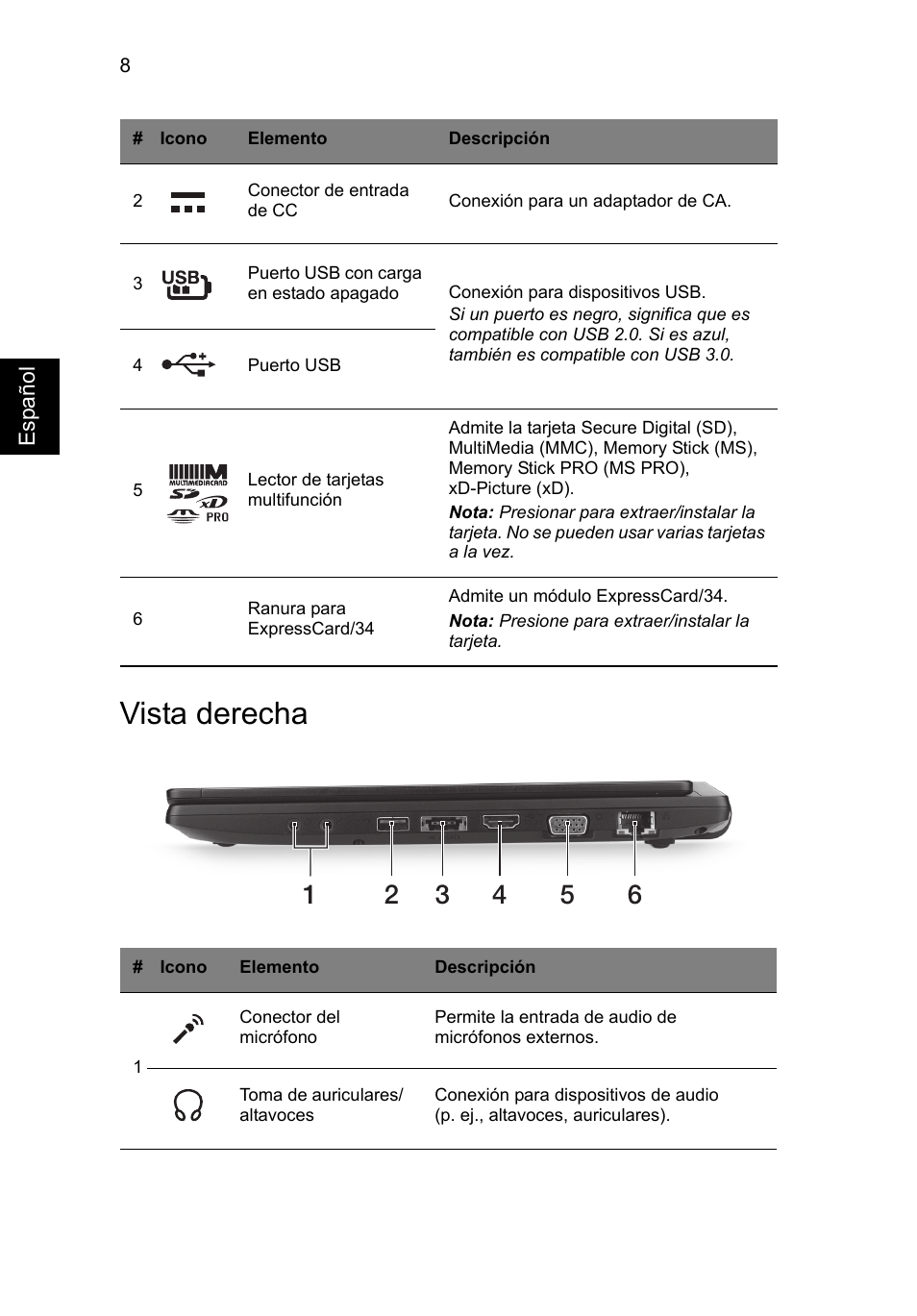 Vista derecha | Acer TravelMate P633-V User Manual | Page 58 / 357