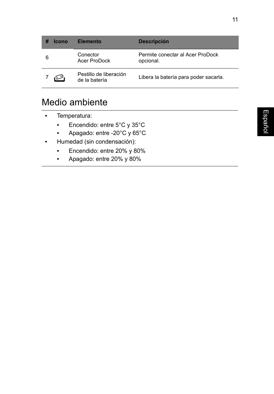 Medio ambiente | Acer TravelMate P633-V User Manual | Page 61 / 357