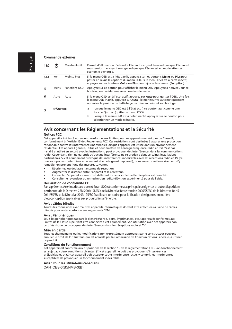 Avis concernant les réglementations et la sécurité, Français | Acer K192HQL User Manual | Page 2 / 3
