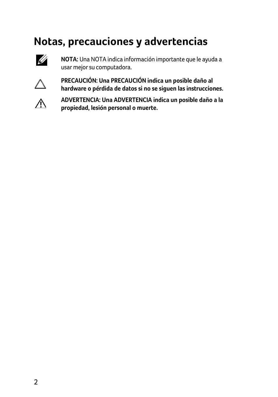 Notas, precauciones y advertencias | Acer Veriton N2010G User Manual | Page 36 / 157