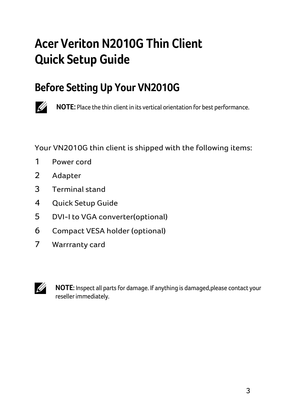 Acer veriton n2010g thin client quick setup guide, Before setting up your vn2010g | Acer Veriton N2010G User Manual | Page 5 / 157