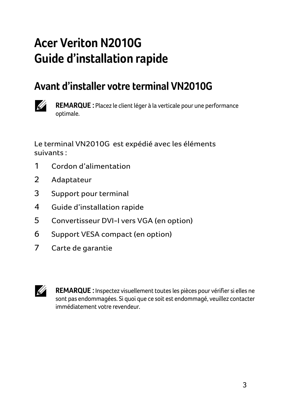 Acer veriton n2010g guide d’installation rapide, Avant d’installer votre terminal vn2010g | Acer Veriton N2010G User Manual | Page 53 / 157