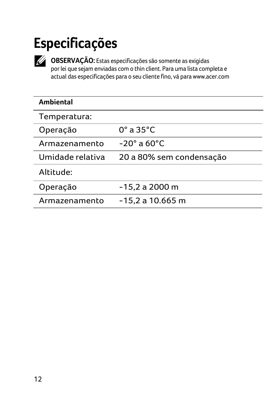 Especificações | Acer Veriton N2010G User Manual | Page 80 / 157