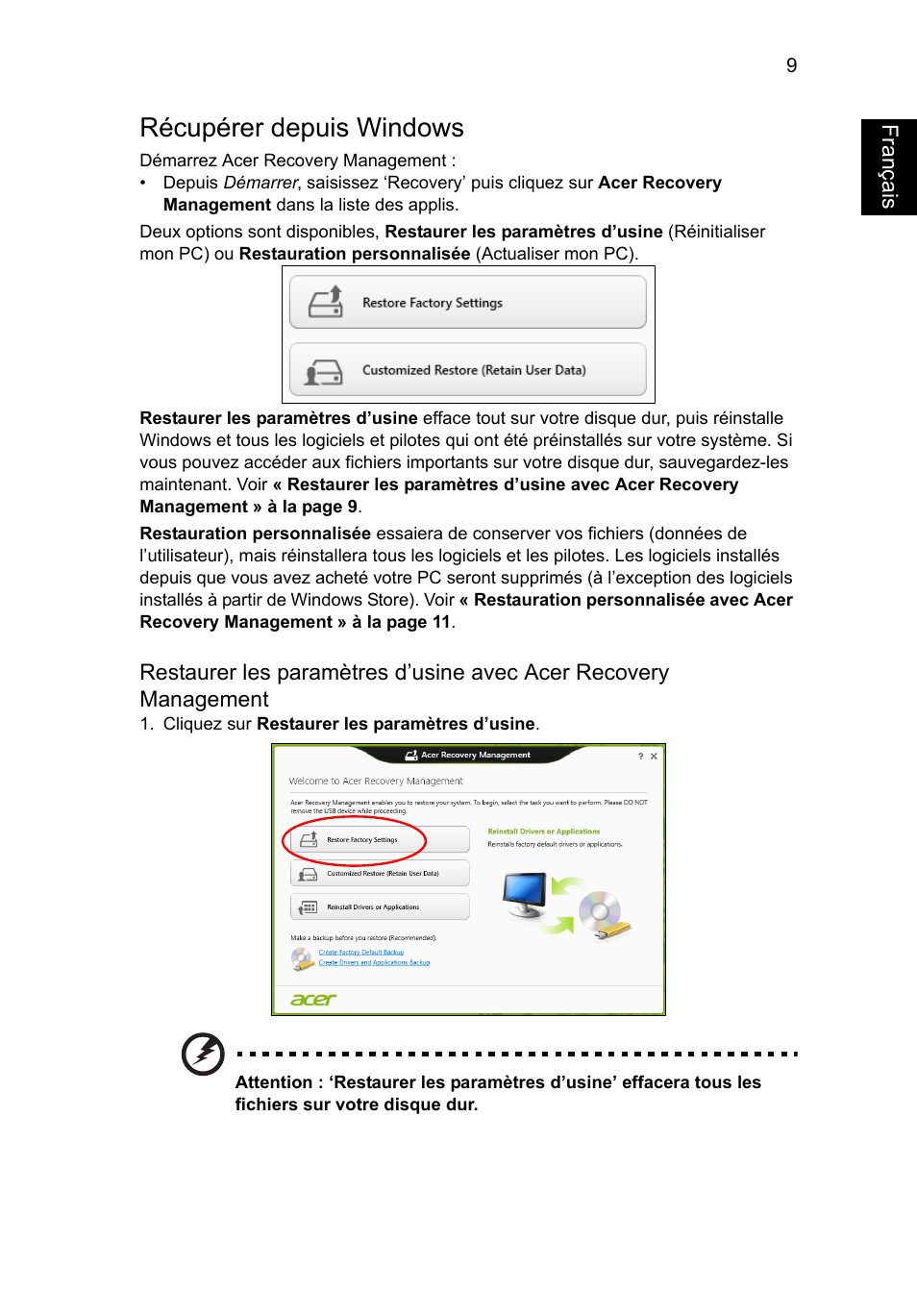 Récupérer depuis windows, Français | Acer Aspire V5-131 User Manual | Page 101 / 2228