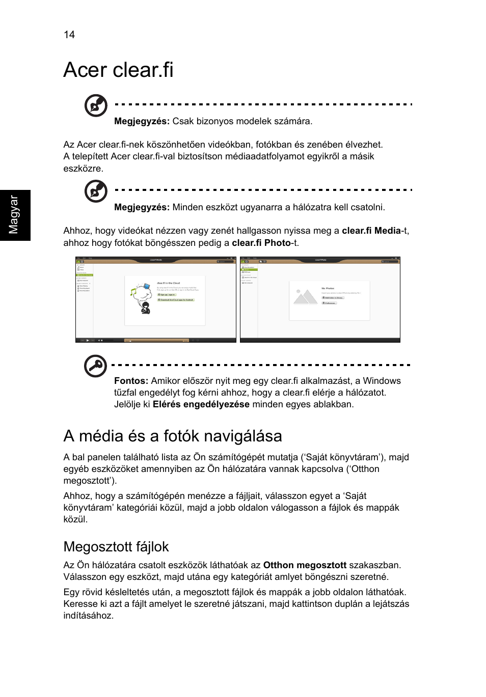 Acer clear.fi, A média és a fotók navigálása, Megosztott fájlok | Acer Aspire V5-131 User Manual | Page 1016 / 2228