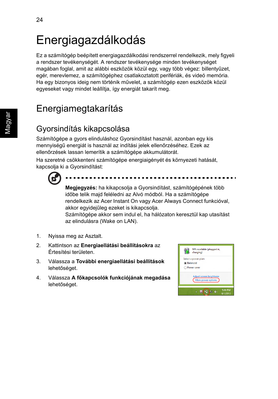 Energiagazdálkodás, Energiamegtakarítás, Gyorsindítás kikapcsolása | Acer Aspire V5-131 User Manual | Page 1026 / 2228