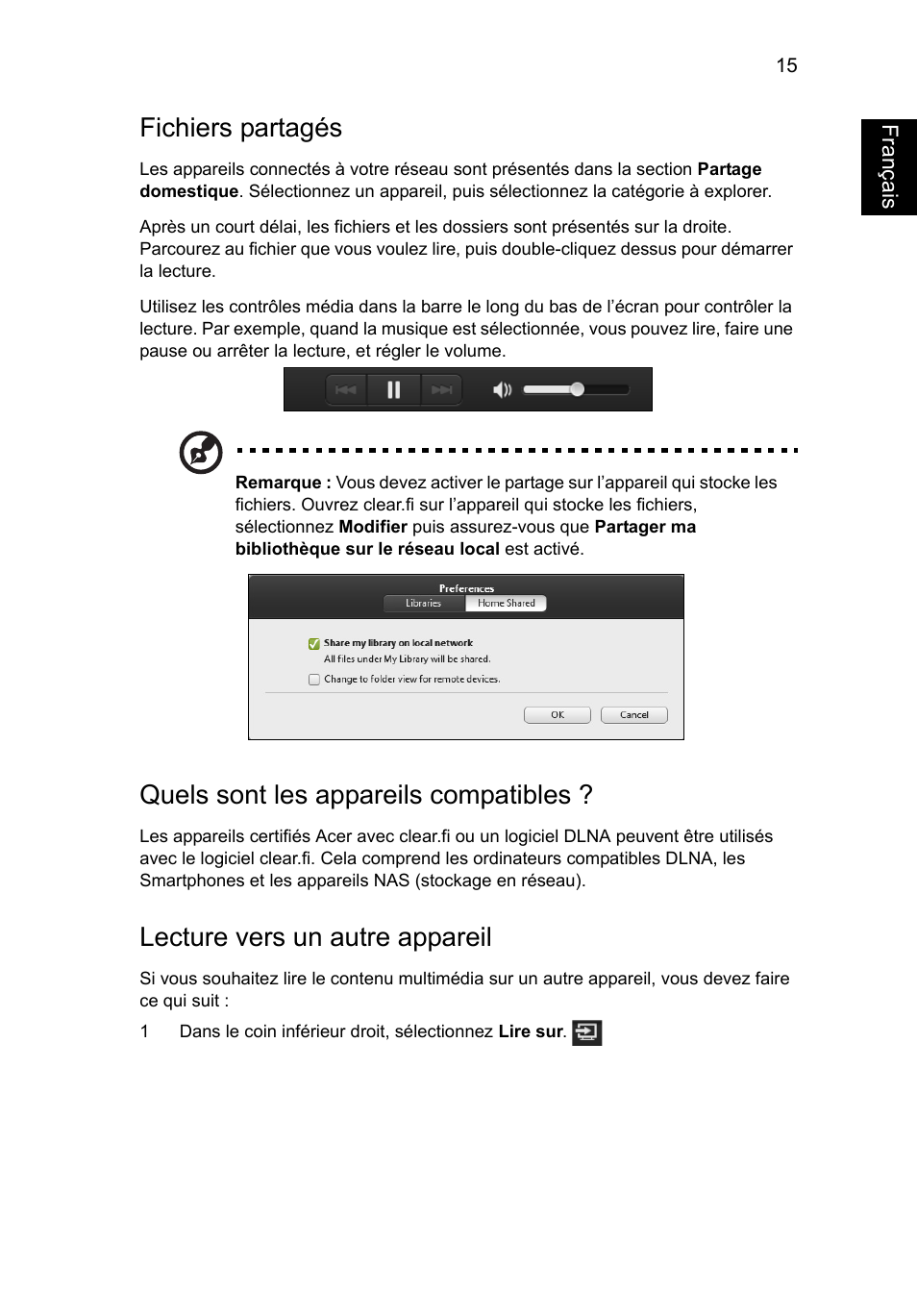 Fichiers partagés, Quels sont les appareils compatibles, Lecture vers un autre appareil | Français | Acer Aspire V5-131 User Manual | Page 107 / 2228